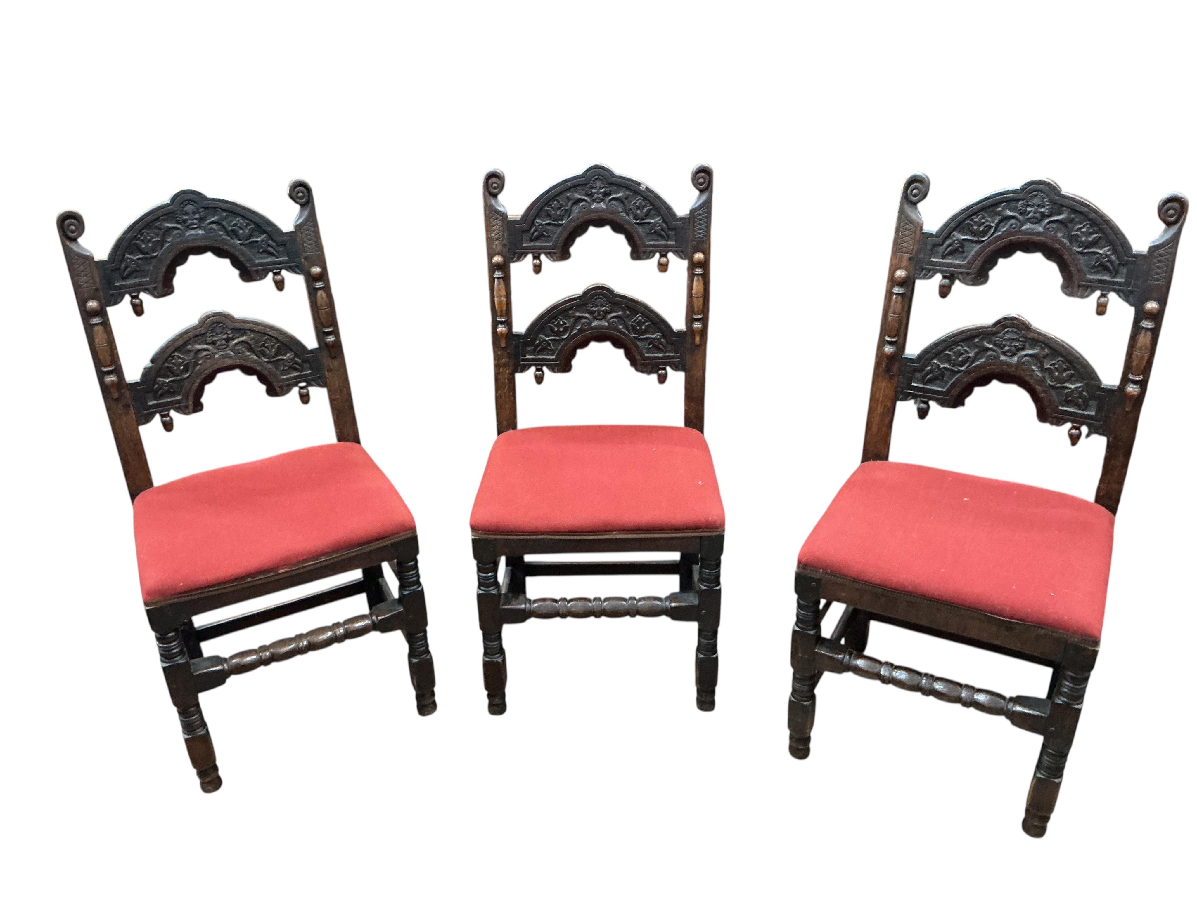 A set of six 18th century style Derbyshire type oak dining chairs, width 47cm, height 99cm